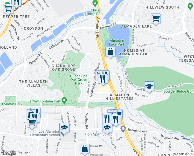 map of restaurants, bars, coffee shops, grocery stores, and more near 1132 Calle Almaden in San Jose