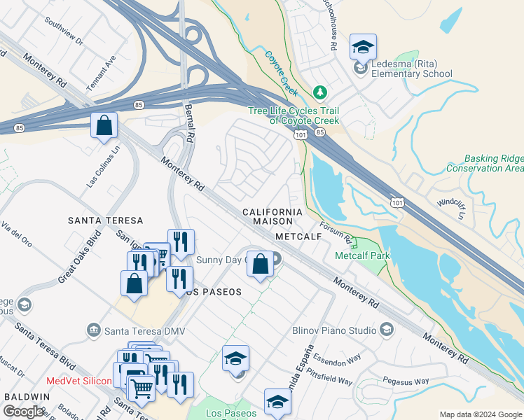 map of restaurants, bars, coffee shops, grocery stores, and more near 14 Larisa Oaks Place in San Jose