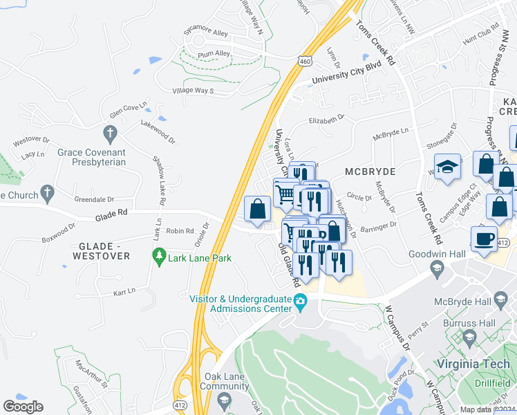 map of restaurants, bars, coffee shops, grocery stores, and more near 806 Newport Terrace in Blacksburg
