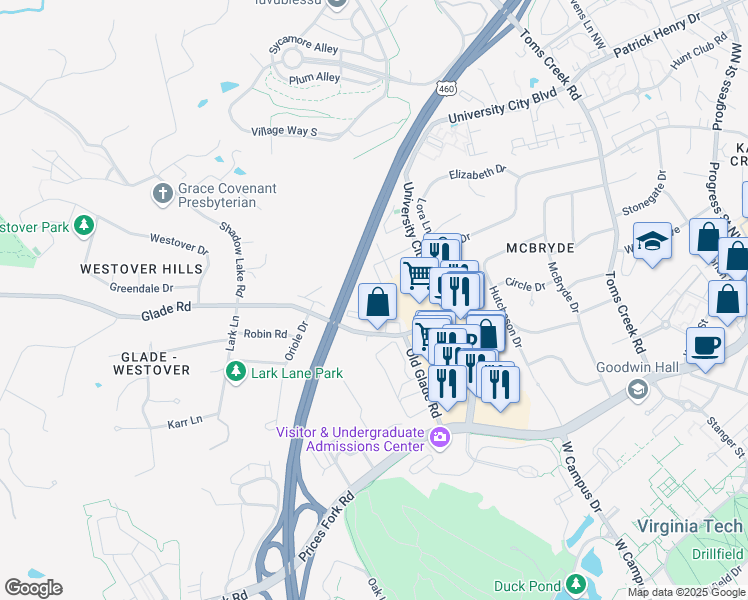 map of restaurants, bars, coffee shops, grocery stores, and more near 862 Newport Terrace in Blacksburg