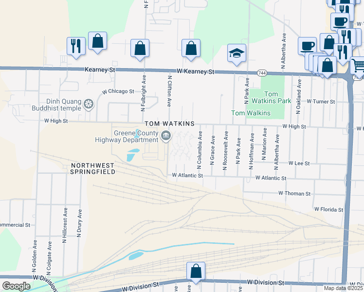map of restaurants, bars, coffee shops, grocery stores, and more near 2124 North Clifton Avenue in Springfield
