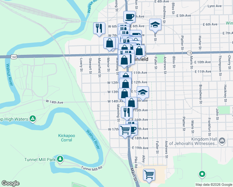 map of restaurants, bars, coffee shops, grocery stores, and more near 211 West 13th Avenue in Winfield