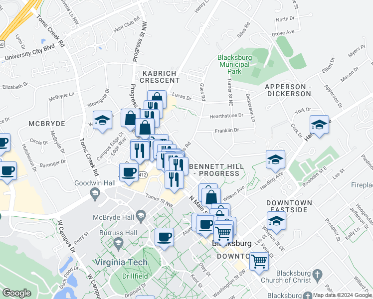 map of restaurants, bars, coffee shops, grocery stores, and more near 301 Giles Road in Blacksburg