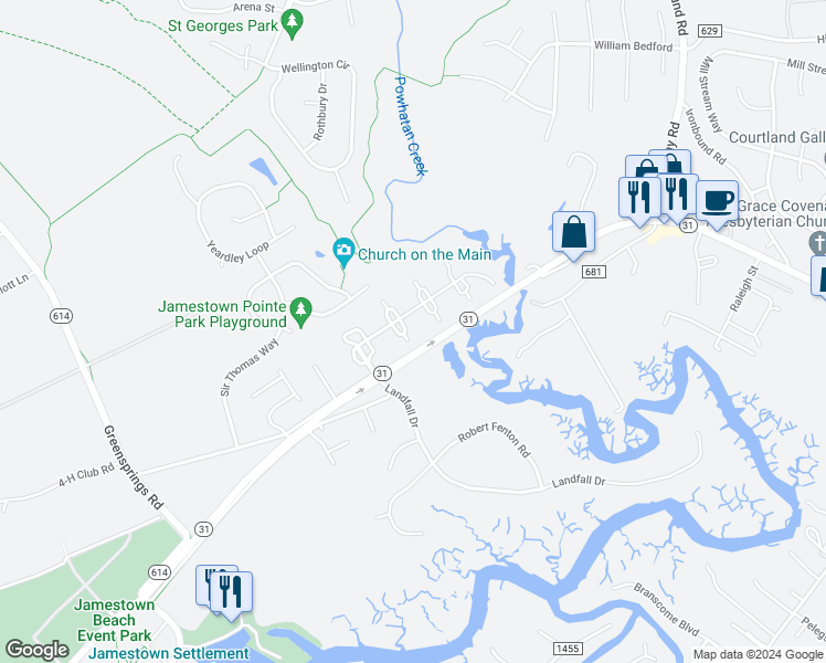 map of restaurants, bars, coffee shops, grocery stores, and more near 1602 London Company Way in Williamsburg