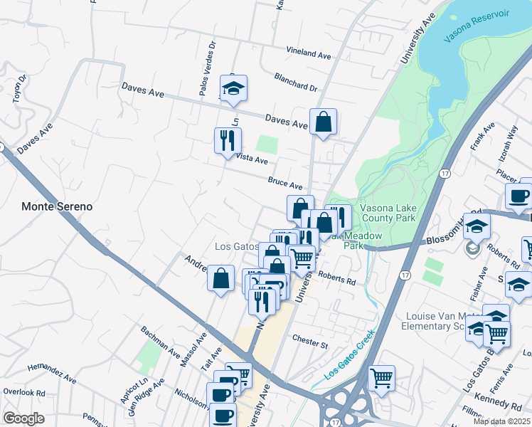 map of restaurants, bars, coffee shops, grocery stores, and more near 644 San Benito Avenue in Los Gatos