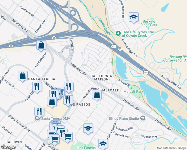 map of restaurants, bars, coffee shops, grocery stores, and more near 14 Larisa Oaks Place in San Jose