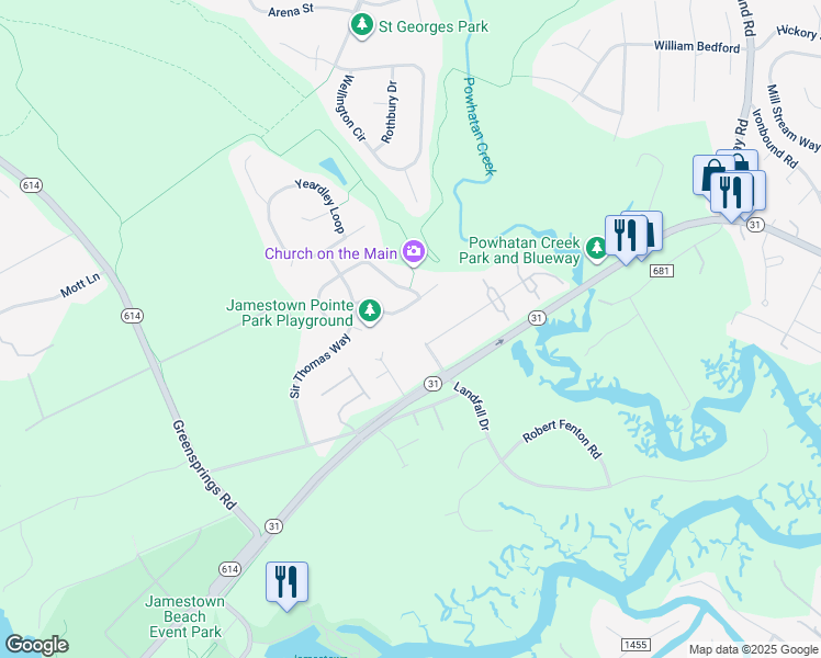 map of restaurants, bars, coffee shops, grocery stores, and more near 501 London Company Way in Williamsburg