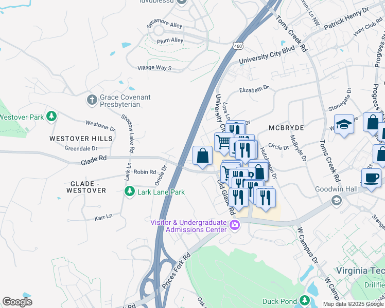 map of restaurants, bars, coffee shops, grocery stores, and more near 862 Newport Terrace in Blacksburg