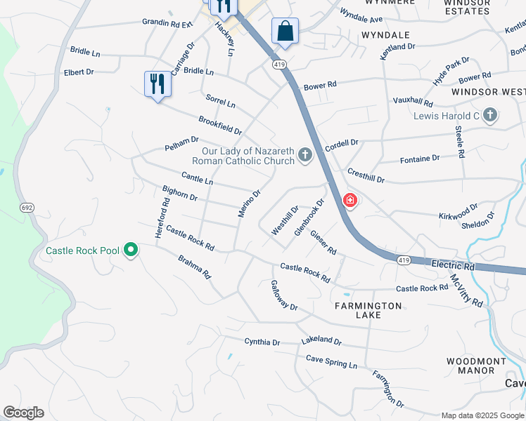 map of restaurants, bars, coffee shops, grocery stores, and more near 4833 Brookwood Drive in Cave Spring