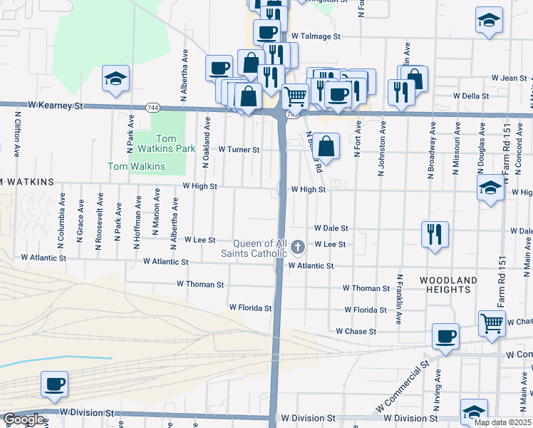 map of restaurants, bars, coffee shops, grocery stores, and more near 1617 West Dale Street in Springfield