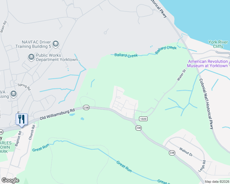map of restaurants, bars, coffee shops, grocery stores, and more near 411 Alexia Lane in Yorktown