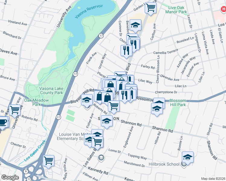 map of restaurants, bars, coffee shops, grocery stores, and more near 681 Blossom Hill Road in Los Gatos