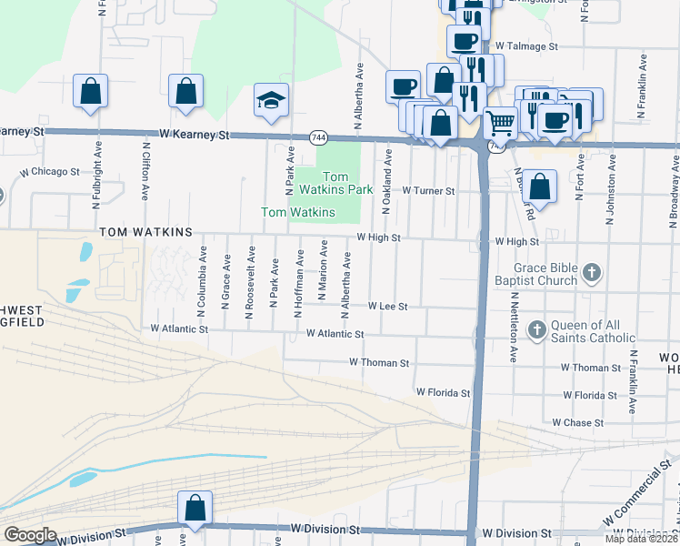 map of restaurants, bars, coffee shops, grocery stores, and more near 2101 North Albertha Avenue in Springfield