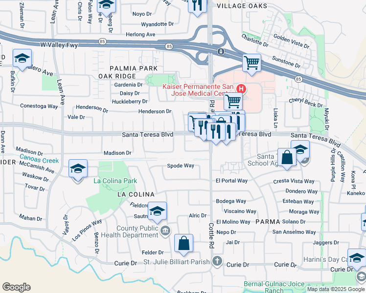 map of restaurants, bars, coffee shops, grocery stores, and more near 380 Nature Drive in San Jose