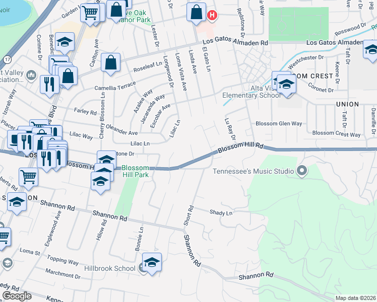 map of restaurants, bars, coffee shops, grocery stores, and more near 16001 Stephenie Lane in Los Gatos