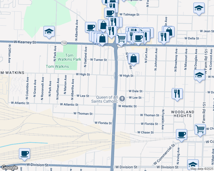 map of restaurants, bars, coffee shops, grocery stores, and more near 1617 West Dale Street in Springfield