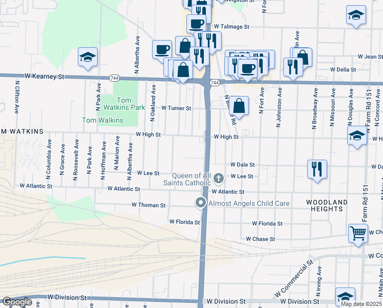 map of restaurants, bars, coffee shops, grocery stores, and more near 1629 West Dale Street in Springfield