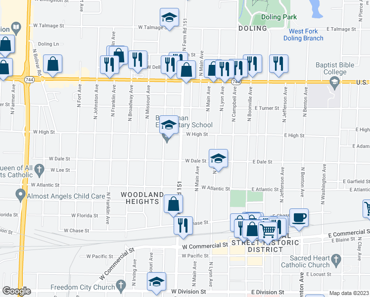 map of restaurants, bars, coffee shops, grocery stores, and more near 2128 North Grant Avenue in Springfield