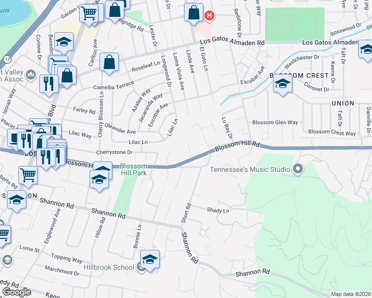 map of restaurants, bars, coffee shops, grocery stores, and more near 16001 Stephenie Lane in Los Gatos