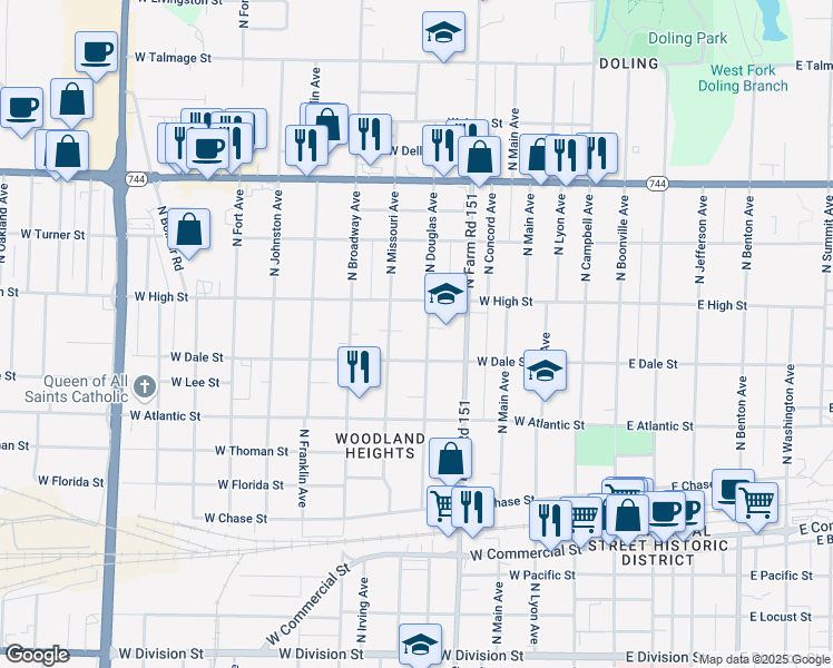 map of restaurants, bars, coffee shops, grocery stores, and more near 2125 North Douglas Avenue in Springfield