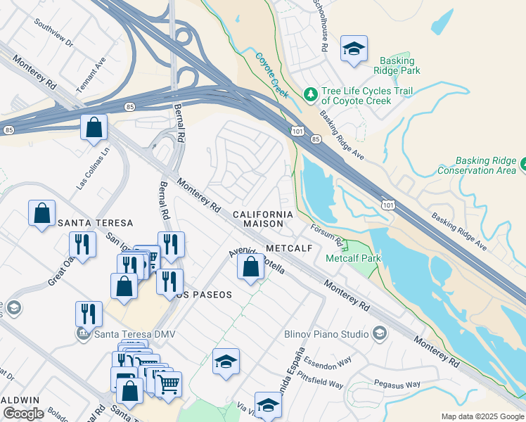map of restaurants, bars, coffee shops, grocery stores, and more near 6957 Rodling Drive in San Jose