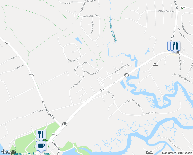 map of restaurants, bars, coffee shops, grocery stores, and more near 501 London Company Way in Williamsburg