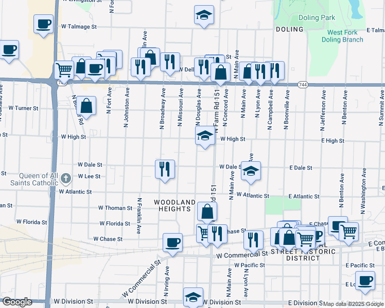 map of restaurants, bars, coffee shops, grocery stores, and more near 2125 North Douglas Avenue in Springfield