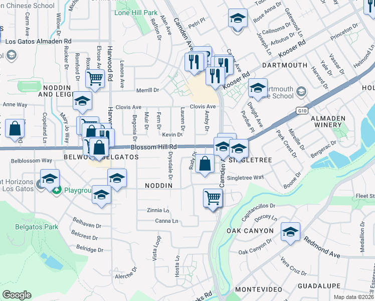 map of restaurants, bars, coffee shops, grocery stores, and more near 1654 Blossom Hill Road in San Jose