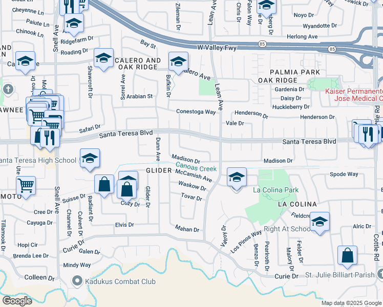 map of restaurants, bars, coffee shops, grocery stores, and more near 6145 Glen Harbor Drive in San Jose