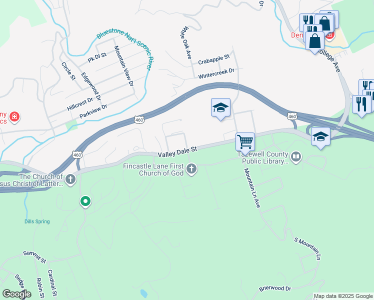 map of restaurants, bars, coffee shops, grocery stores, and more near 210 Valley Dale Street in Bluefield