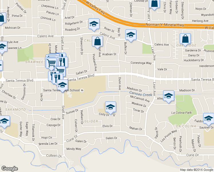 map of restaurants, bars, coffee shops, grocery stores, and more near 6125 Banner Dr in San Jose