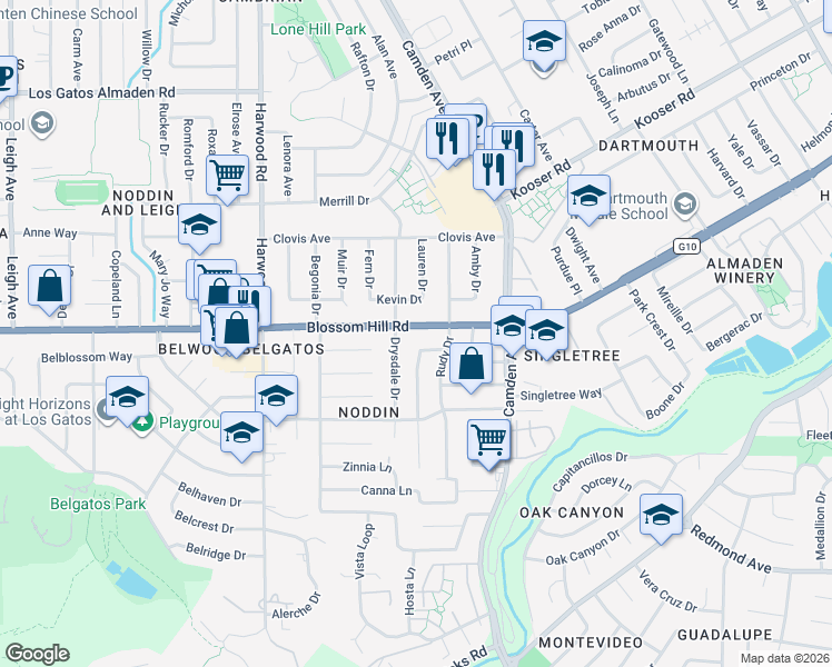 map of restaurants, bars, coffee shops, grocery stores, and more near 1654 Blossom Hill Road in San Jose