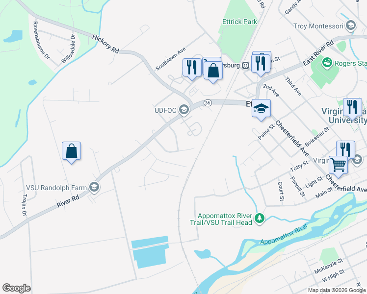 map of restaurants, bars, coffee shops, grocery stores, and more near 20901 Truth Drive in Petersburg