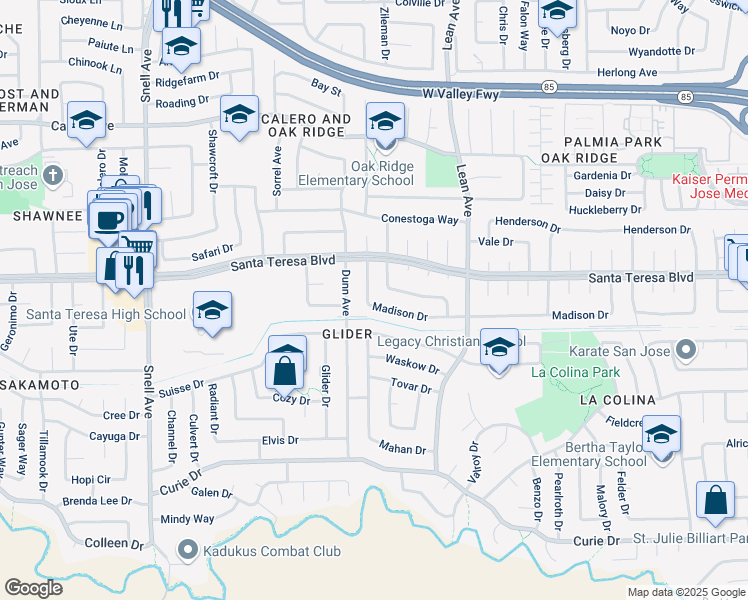map of restaurants, bars, coffee shops, grocery stores, and more near 465 Madison Drive in San Jose