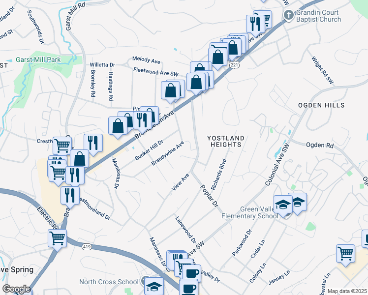 map of restaurants, bars, coffee shops, grocery stores, and more near 3402 Brandywine Avenue in Cave Spring