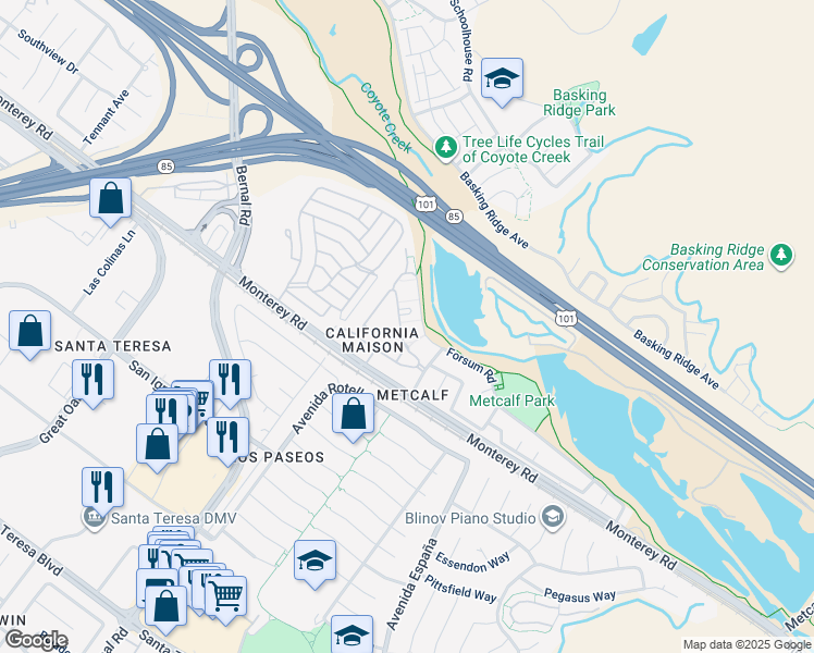 map of restaurants, bars, coffee shops, grocery stores, and more near 6966 Forsum Road in San Jose