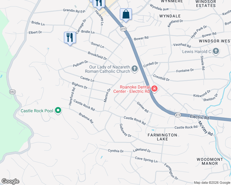 map of restaurants, bars, coffee shops, grocery stores, and more near 4833 Brookwood Dr in Roanoke