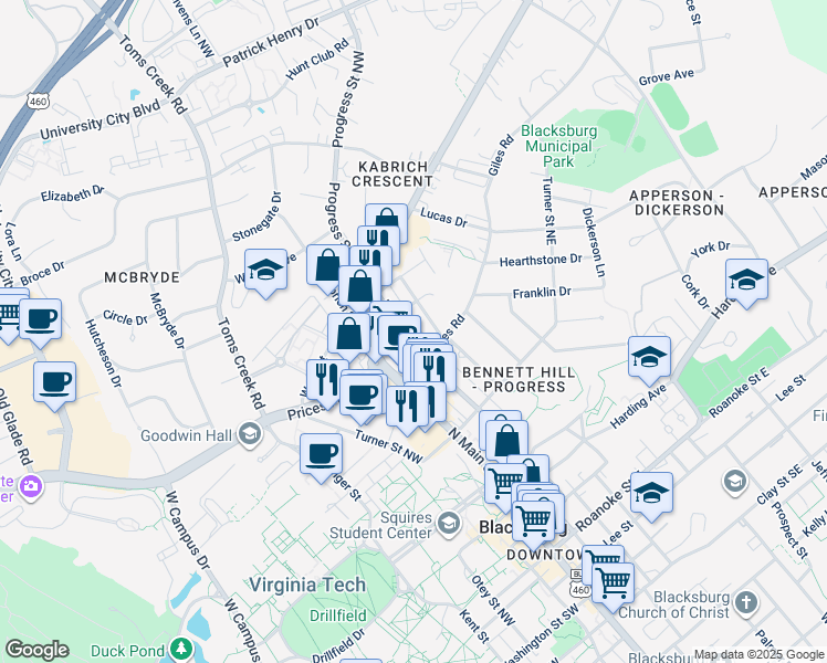 map of restaurants, bars, coffee shops, grocery stores, and more near 706 Progress Street Northeast in Blacksburg