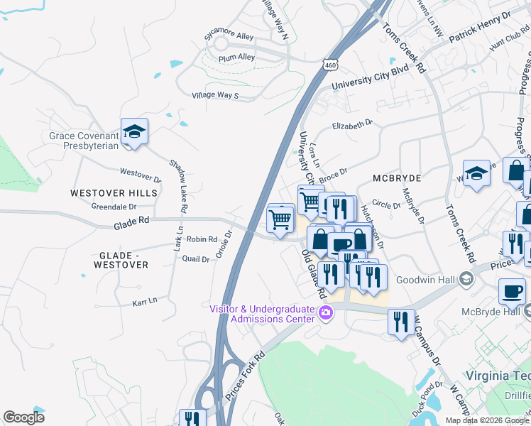 map of restaurants, bars, coffee shops, grocery stores, and more near 862 Newport Terrace in Blacksburg