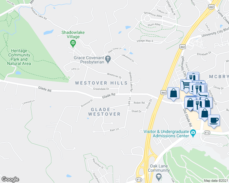 map of restaurants, bars, coffee shops, grocery stores, and more near 1301 Greendale Dr in Blacksburg