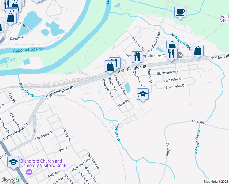 map of restaurants, bars, coffee shops, grocery stores, and more near 116 Slagle Avenue in Petersburg