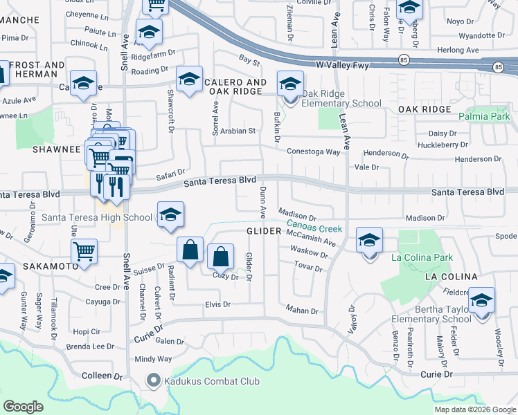 map of restaurants, bars, coffee shops, grocery stores, and more near 6133 Dunn Avenue in San Jose