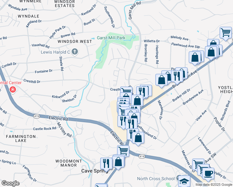 map of restaurants, bars, coffee shops, grocery stores, and more near 3513 Normandy Lane in Roanoke