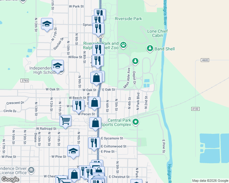 map of restaurants, bars, coffee shops, grocery stores, and more near 1237 North 5th Street in Independence