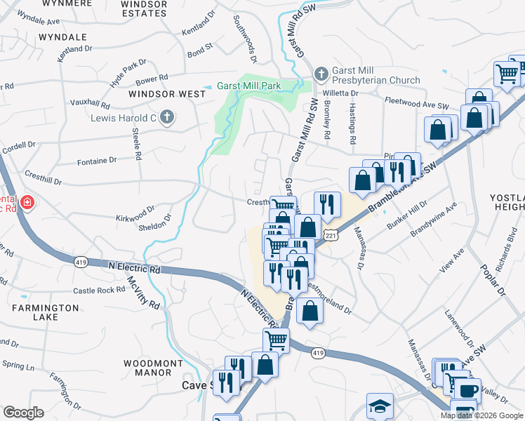 map of restaurants, bars, coffee shops, grocery stores, and more near 4138 Cresthill Drive in Cave Spring
