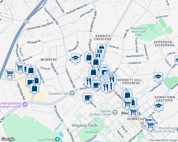 map of restaurants, bars, coffee shops, grocery stores, and more near 900 Campus Edge Court in Blacksburg