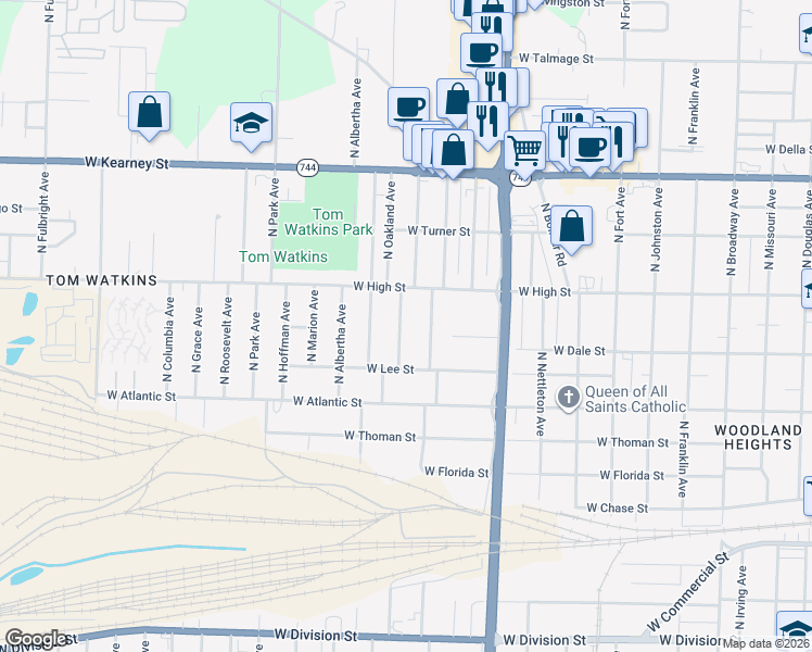 map of restaurants, bars, coffee shops, grocery stores, and more near 2106 North Oakland Avenue in Springfield