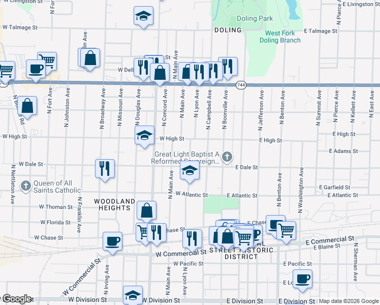 map of restaurants, bars, coffee shops, grocery stores, and more near 2133 North Lyon Avenue in Springfield