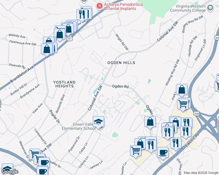 map of restaurants, bars, coffee shops, grocery stores, and more near 3502 Ogden Road in Cave Spring