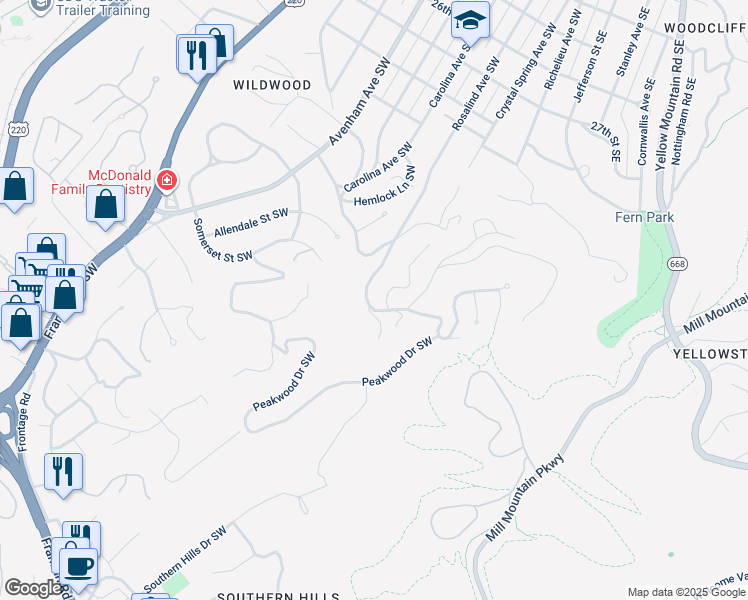 map of restaurants, bars, coffee shops, grocery stores, and more near 3164 West Ridge Road Southwest in Roanoke